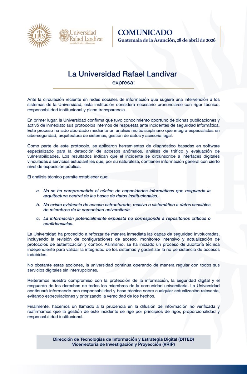U_Landivar's tweet photo. #ComunicadoURL | La Universidad continuará informando con responsabilidad y base técnica sobre cualquier actualización relevante, evitando especulaciones y priorizando la veracidad de los hechos. https://t.co/w10PsBxnnf