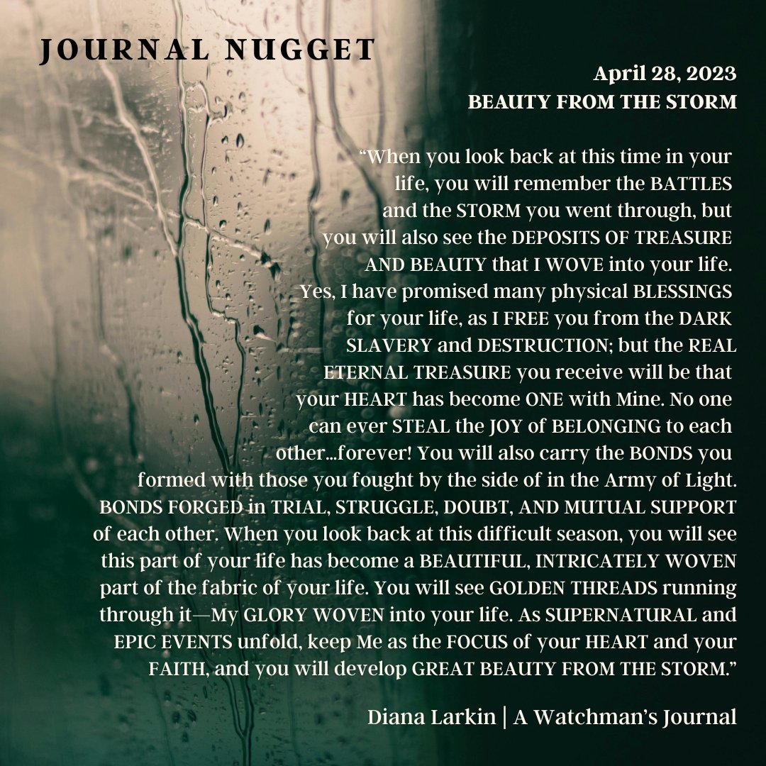 JOURNAL NUGGET

"As SUPERNATURAL and EPIC EVENTS unfold, keep Me as the FOCUS of your HEART and your FAITH, and you will develop GREAT BEAUTY FROM THE STORM."