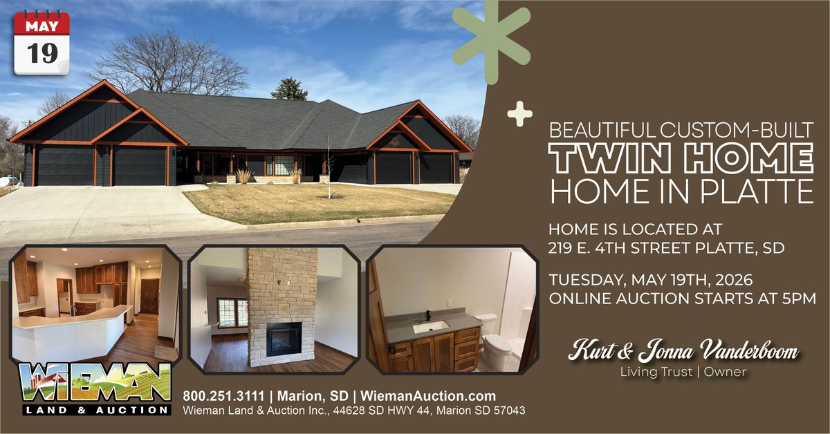 wiemanauction's tweet image. UPCOMING EVENT: 
Beautiful Custom-Built Twin Home in Platte, SD Offered at Online Auction 
Tuesday, May 19th at 5:00 PM 

Details: wiemanauction.com/auction-info.p… 

#homeforsale #auction #twinhome #wiemanauction