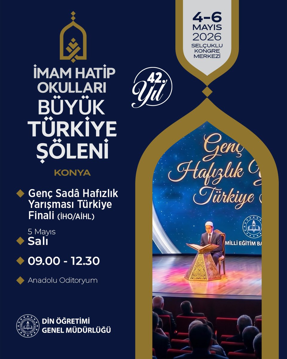 meb_dinogretimi's tweet photo. 📍 40 yılı aşan birikim, şimdi büyük bir buluşmaya dönüşüyor…
İmam Hatip Okulları, ilimle değeri, gelenekle geleceği buluşturan güçlü yolculuğunu bu kez Konya’da büyük bir şölenle taçlandırıyor.
4-6 Mayıs 2026 tarihlerinde gerçekleşecek “İmam Hatip Okulları Büyük Türkiye Şöleni”, sadece bir yarışma değil; bir medeniyetin sahneye çıkışı…
🎤 Kur’an tilavetinden ezana, hutbeden hafızlığa…
Türkiye’nin dört bir yanından gelen öğrenciler, emeklerini ve gayretlerini Türkiye finallerinde ortaya koyuyor.
🎶 Musiki, kültür, sanat ve daha fazlası…
Eşref Ziya Terzi, Fatih Koca ve Ömer Karaoğlu’nun sahne alacağı programda; öğrenciler de kendi birikimlerini izleyiciyle buluşturuyor.
🏛️ Geçmişten bugüne uzanan bir yolculuk…
Zaman tüneli, stantlar ve eş zamanlı etkinliklerle imam hatip ruhu yakından hissediliyor.
Bu sadece bir etkinlik değil,
bir neslin hikâyesi.
Bir geleneğin yarına yürüyüşü.
#İmamHatip #TürkiyeŞöleni #Konya