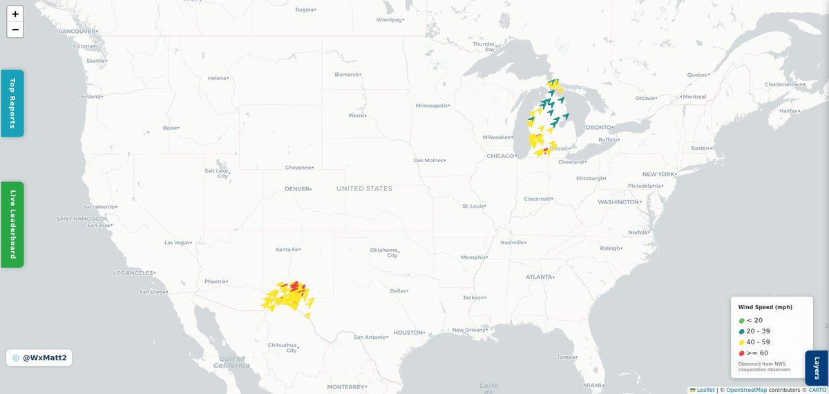 WxMatt2's tweet image. Top wind reports on the map across the Midwest.
💨 80 mph gust reported in Logan, IL.
Strong gusts still showing up on the map.
Live wind map:
wxmap.io/maps/trending?…

#wind #wx #ilwx