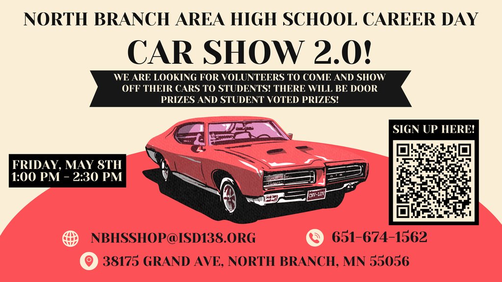 nbapschools's tweet photo. Career Day Car Show 2.0 is next Friday, May 8, and the event is looking for volunteers to come show their rides! There's door prizes and more. Scan the QR or use this link to sign up: https://t.co/wOfIWwDLqk, and see the flier for more details. https://t.co/0rU0XUsu1h