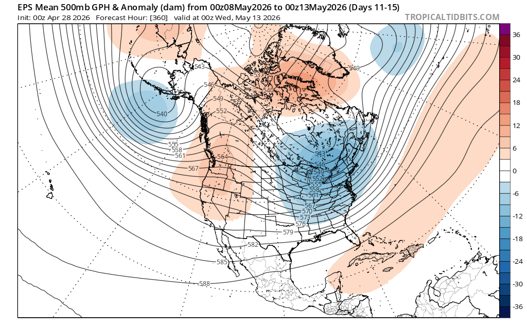 Weather_West's tweet image. Looking farther out into May, it does appear that a quieter, drier, and warmer pattern may be on the way for CA as modest ridging replaces persistent troughing. Additionally, the extreme marine heatwave persists in Pacific, which will boost coastal temps further.