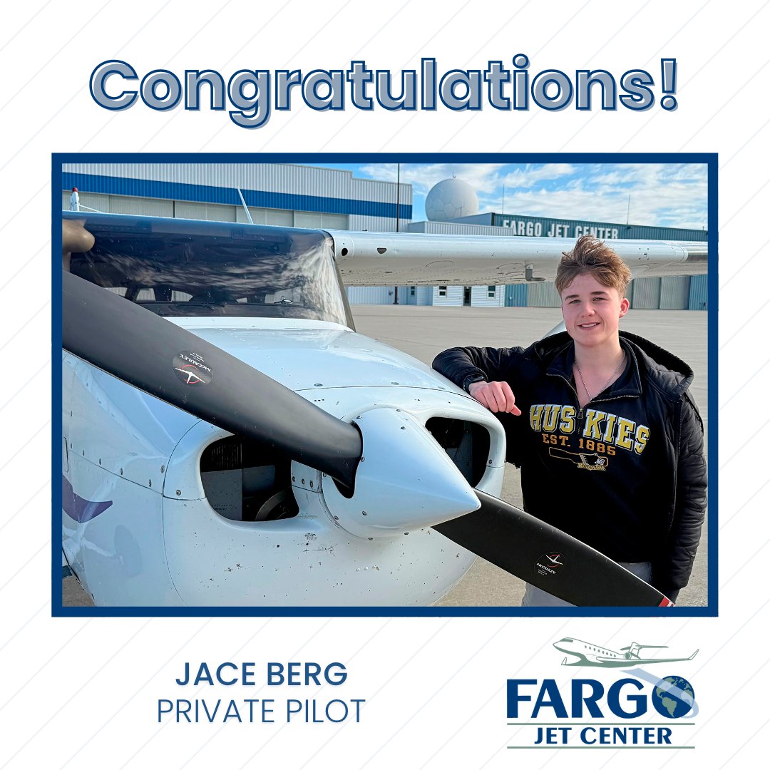 FargoJetCenter's tweet image. Celebrating one of our Customer Service Representatives, Jace, for passing his Private Pilot Checkride on April 25th! 🎊

Congratulations on this exciting accomplishment, Jace! 🛫

#FlightTraining #FargoJetCenter #KFAR #FlightSchool