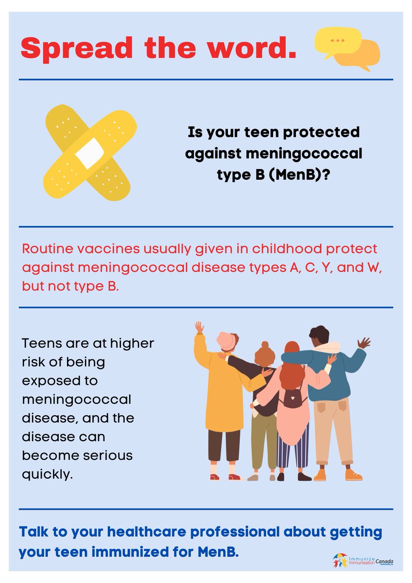 ImmunizedotCa's tweet image. Spread the word | Is your teen protected against meningococcal type B (MenB)? immunize.ca/sites/default/… #TheTimeIsNow #VaccinesWork #VaccinesSaveLives #GetImmunized #meningococcal #NIAW2026