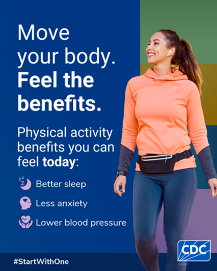 CDCgov's tweet image. Staying active can help you feel better, function better, and sleep better. Try just 10 minutes today—your mind and body will feel the difference.

➡️ From walking to yard work, it all counts. You don’t need to be perfect — just start with one.

#StartWithOne #PhysicalActivity
