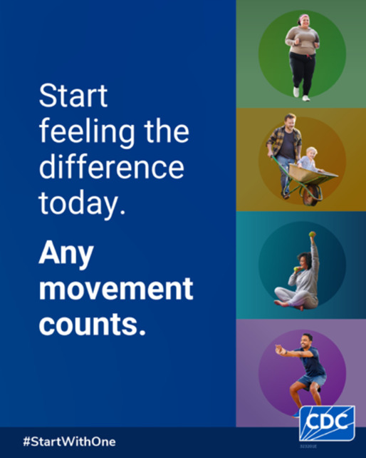 CDCgov's tweet image. Staying active can help you feel better, function better, and sleep better. Try just 10 minutes today—your mind and body will feel the difference.

➡️ From walking to yard work, it all counts. You don’t need to be perfect — just start with one.

#StartWithOne #PhysicalActivity