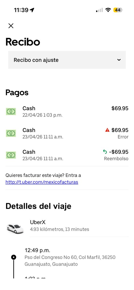 Reginaaaaa13's tweet photo. @Uber_MEX Me puedes explicar cómo es posible que hice un pago en efectivo en un viaje y al día siguiente me llegó un "recibo con ajuste" diciendo que se me
"devolvió" el dinero, pero lo sigo "debiendo" en la app?
(no se me devolvió nada y no hubo ningún ajuste de ruta) https://t.co/ZcDTJqvb5d