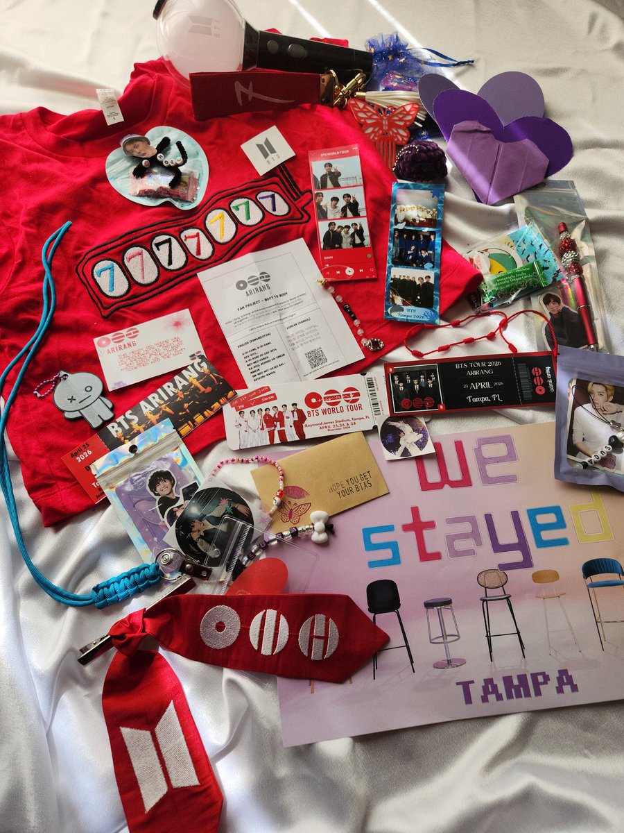 madeforyoubyM's tweet photo. thank you army for all the freebies on tampa n1!!!! (shirt, hair clip, and army bomb wristlet made by us). we will always have magic shop 💜 https://t.co/T75x2DIXnF