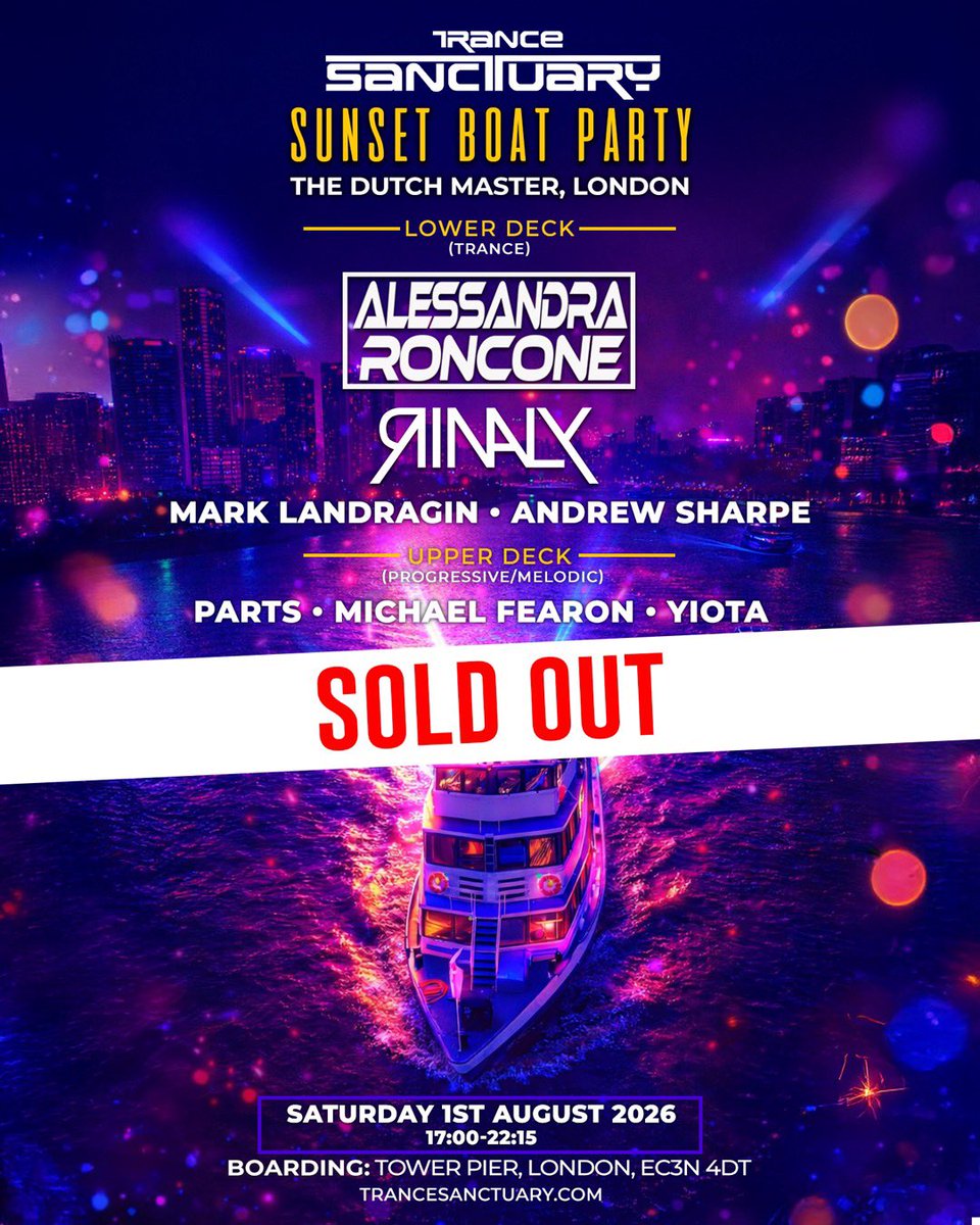 TranceSanctuary's tweet image. Trance Sanctuary Sunset Boat Party on the 1st August has now sold out ⛴️

Thank you to everyone who has booked their place on board. 

A waiting list for resale tickets has been started here skiddle.com/e/42158246

#trance #trancefamily