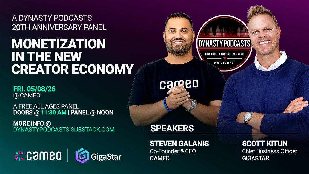GigaStar_'s tweet image. LIVE EVENT: GigaStar's Scott Kitun joins Cameo CEO Steven Galanis for a panel on Monetization in the New Creator Economy.

Come hear how creators are building sustainable businesses in 2026.

More info → dynastypodcasts.substack.com

#gigastar #cameo #creatoreconomy #liveevent