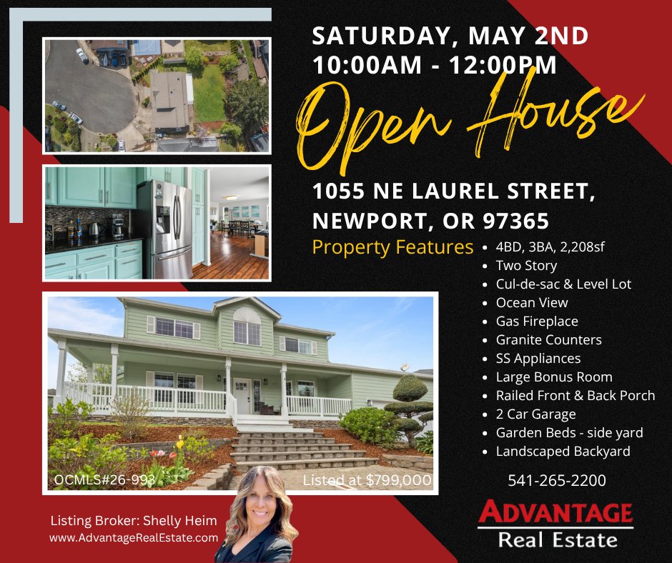 AdvantageNwpt's tweet image. OPEN HOUSE 
Saturday, May 2nd
10am - 12pm
1055 NE Laurel Street, Newport
with Shelly Heim, Broker
Listing Details: advantagerealestate.com/listing/26-993…
#advantagerealestatenewport #openhouse #newportoregoncoast #culdesac #twostory #oceanview #4bedroom3bath