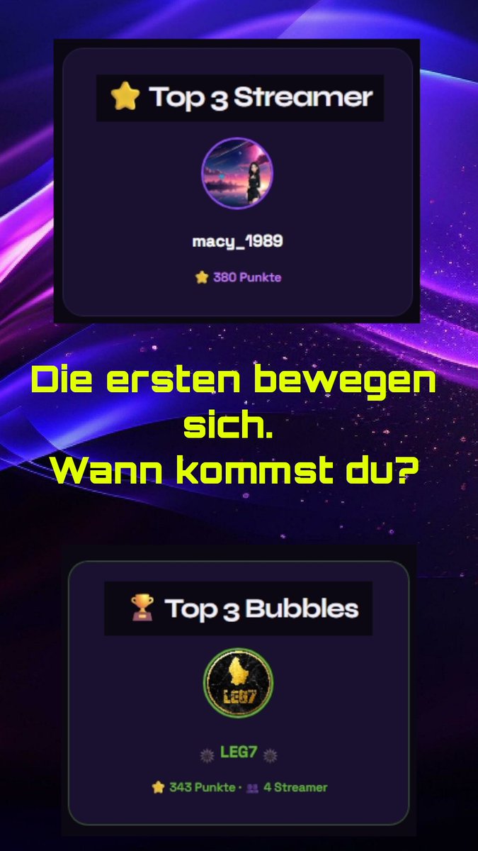 Strubble_gg's tweet photo. macy_1989 hat schon 380 Punkte.

LEG7 hat 4 Streamer in der Bubble.

Die ersten bewegen sich.

Die Frage ist nur:  
Wann kommst du?

https://t.co/8iSPnAuc0u https://t.co/kLMM8u64j2