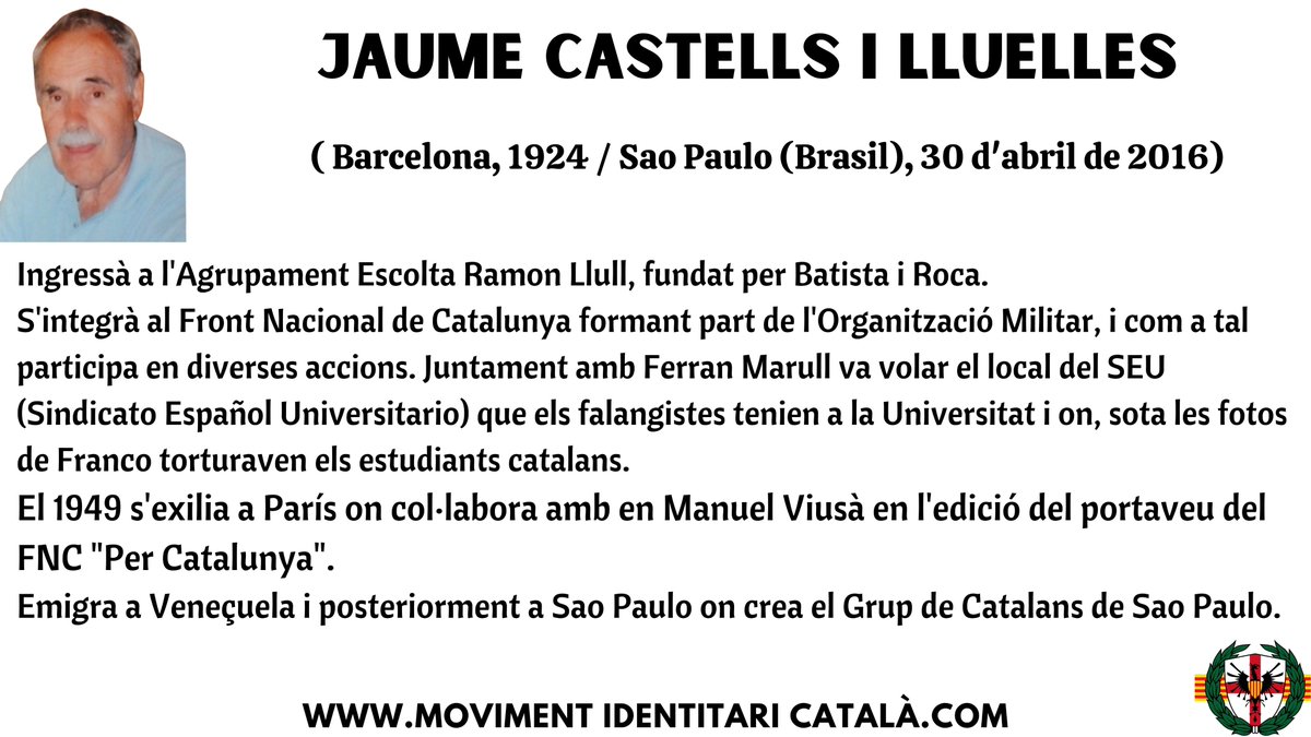 El 30 d'abril de 2016 mor a São Paulo (Brasil) Jaume Castells i Lluelles, patriota i militant del Front Nacional de Catalunya,  fundador del Grup de Catalans de São Paulo.