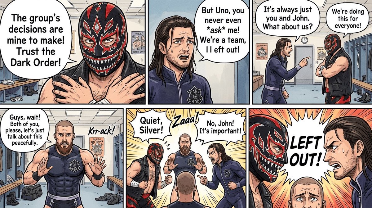 BlazexInferno's tweet image. #TheDarkOrder #AlexReynolds #EvilUno #JohnSilver #AIComic [yes…I’m aware AI made grammar mistakes]