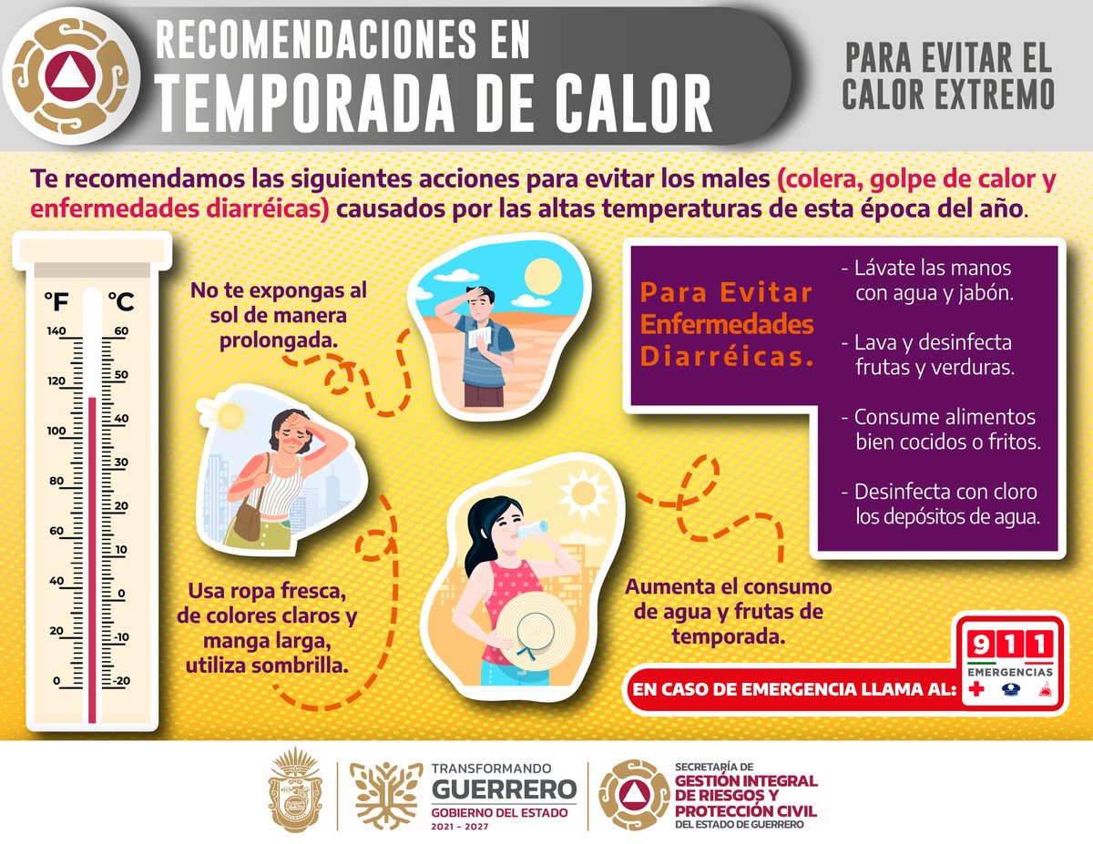 En esta temporada de altas temperaturas, evita golpes de calor, y sigue las recomendaciones.
#LaPrevenciónEsTareaDeTodasYTodos 
#SGIRPCGro