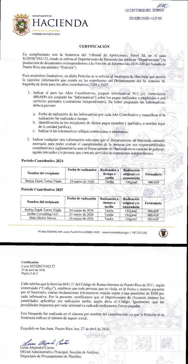 contratista Antonio Sagardía, sí reportó pagos a otros contratistas, pero lo hizo en marzo de 2026. Son Informativas correspondientes a los años 2024/2025. 
✅ Se menciona que la ley impone penalidades por radicación tardía de estos formularios.