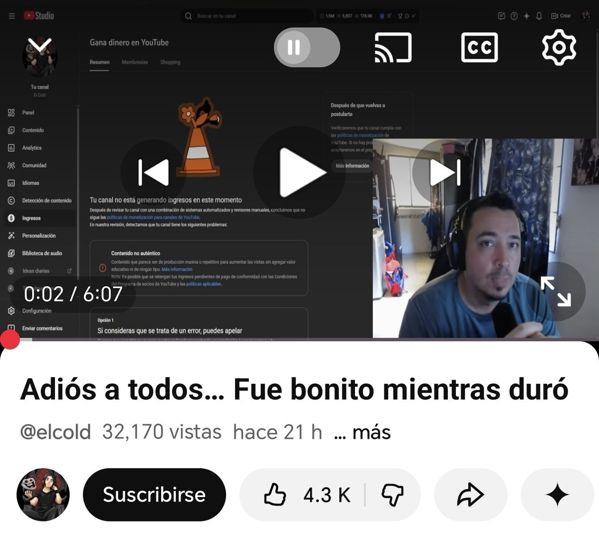 YouTube anda muy duro desmonetizando canales. Si eres creador y te pasó contáctame para darle visibilidad.