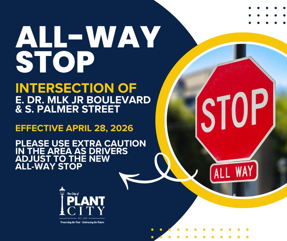 CityofPlantCity's tweet image. A new all-way stop has been installed at the intersection of East Dr. Martin Luther King Jr. Boulevard and South Palmer Street in downtown. 

Please use caution when traveling in the area, as drivers adjust to the new stop signs. 

#PlantCity #AllWayStop #Safety