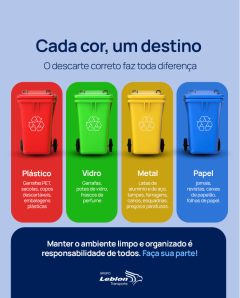 asemananews's tweet image. Cada cor, um destino!
O descarte correto faz toda a diferença para o meio ambiente. Separe seus resíduos e contribua para um mundo mais sustentável!
Plástico.
Vidro.
Metal.
Papel.
Cada resíduo no seu lugar para um futuro melhor. Faça sua parte! 

#GrupoLeblon #Sustentabilidade