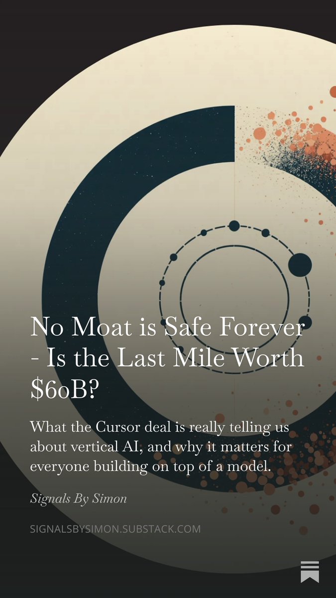 sim0nwu's tweet photo. SpaceX had a choice.

Pay for Cursor's data as pure R&D and hope a model ships. Or rent Colossus to Cursor, get the data engine running, and buy a one-year right to acquire for $60B if the model wins — or walk away for $10B if it doesn't.

They chose option two.

The signal came a month before the announcement. Elon tweeted three words about Cursor's supposedly proprietary model: "Yeah, it's Kimi 2.5."

The base model was free. Available to anyone.

What Cursor built on top was two years of professional engineers correcting real code inside private systems. The asset no lab can buy, replicate, or brute-force regardless of how many engineers they hire.

Not the editor. The last mile.

Coding is where AI makes the most money today. SpaceX just bet $10B to find out if Cursor's data plus xAI's compute beats what OpenAI and Anthropic have approximated without it.

With SpaceX IPO math, $10B is a rounding error. A $60B acquisition might turn out to be the best capital allocation in tech this year.

I wrote about what this means for every vertical AI company - why no lead is safe, why open source is actually vertical AI's best friend not its threat, and what the defensible moat actually looks like in 2026.
