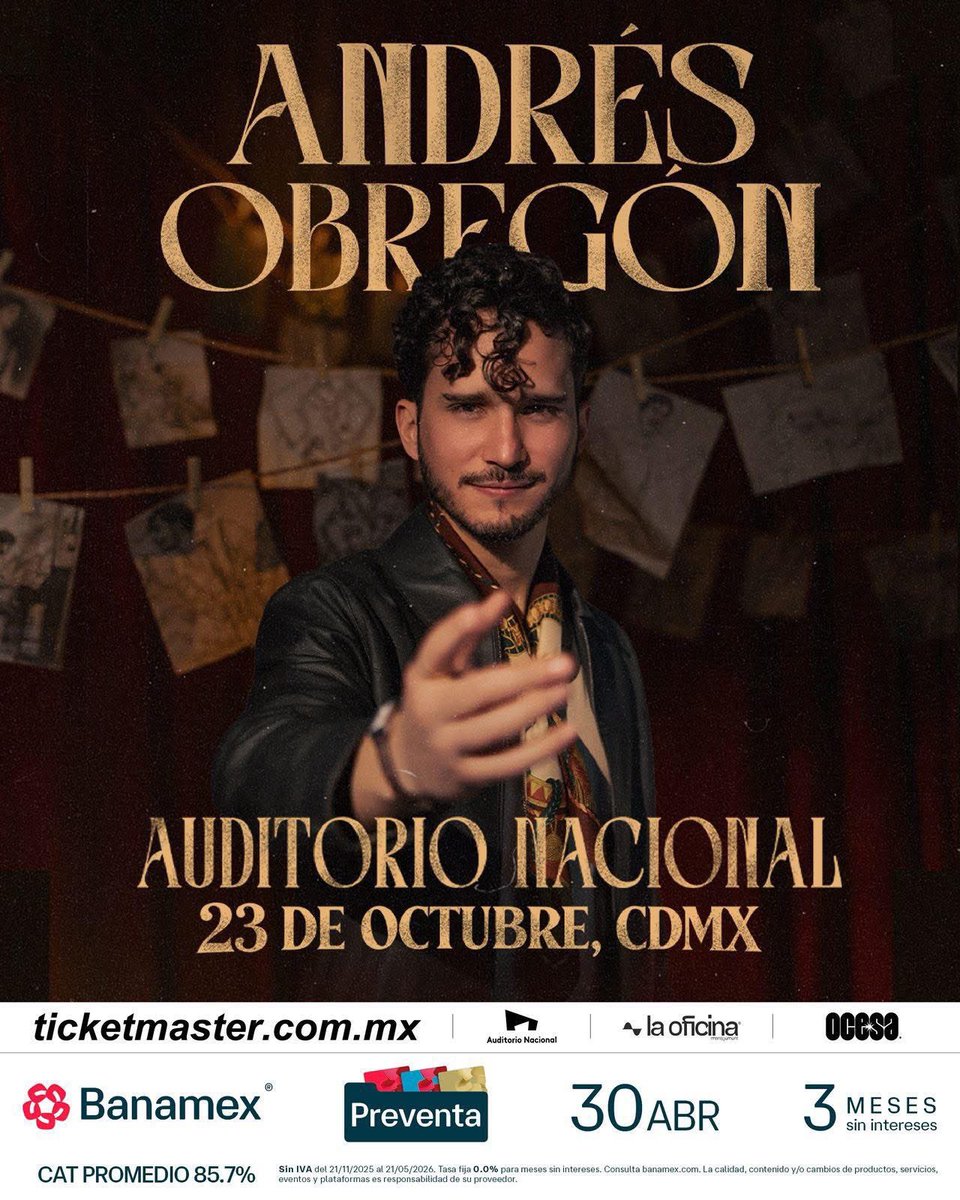 Indiecosoficial's tweet photo. @andresobregon_ llega por única ocasión a México en este año al Auditorio Nacional. Nos vemos el 23 de octubre para disfrutar de una noche inolvidable
#PreventaBanamex Jueves 30 de Abril 11:00AM
#andresobregon #andresobregonfansclub #auditorionacional #cdmx https://t.co/uAQ18dLfM4