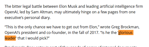 DVD_Solana's tweet photo. YOO this is GENNY

Greg Brockman (the guy he memed along with sam altman) back in 2017 called Elon his 'GLORIOUS LEADER'

They found this in his diary which was just revealed at the first hearing yesterday, and this has never been done

Check it out:

https://t.co/Dsz5POcQWa https://t.co/8WEJPPVbQN
