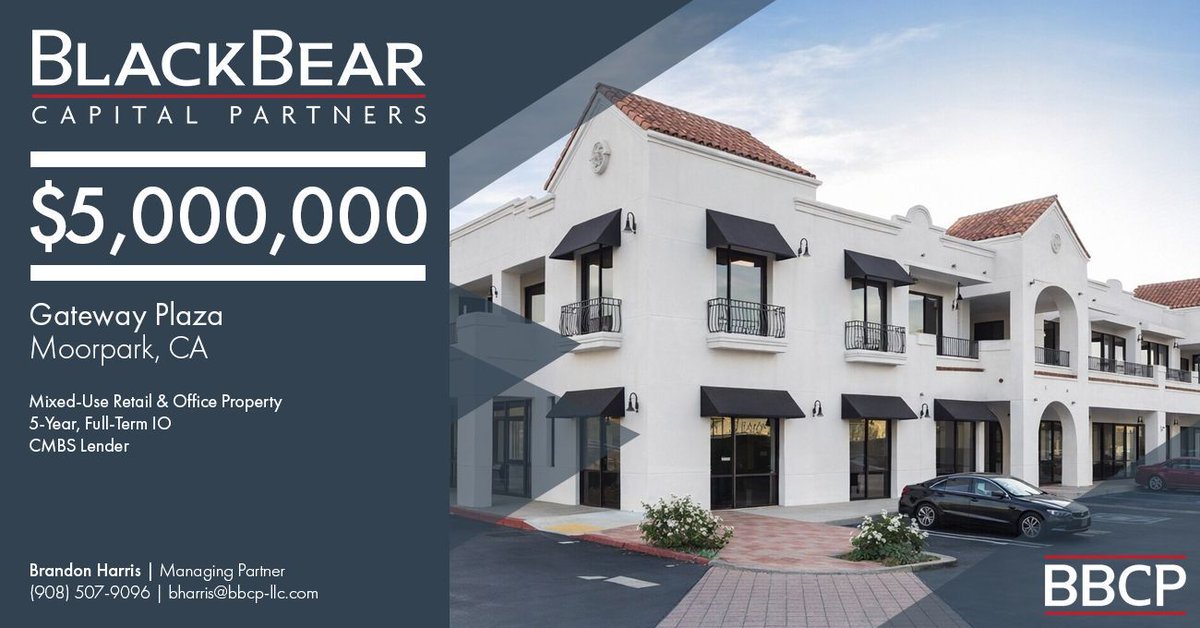 blackbear_cp's tweet image. Black Bear Capital Partners is pleased to announce the successful closing of a $5,000,000 loan to #refinance Gateway Plaza, a mixed-use #retail and #office property located in Moorpark, CA. 

BBCP’s Brandon Harris arranged the #financing on behalf of the ownership.