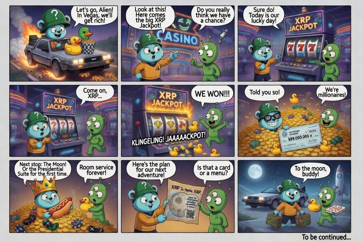 RiddlBear's tweet photo. RiddlBear just hit the Vegas Jackpot and we’re taking it to the Moon! 🌕💰🐻👽
Fresh comic drop — full of chaos, laughs and big plans 😂
Which panel is your favorite? Tell me below 👇
To be continued…

#RiddlBear #XRPL #RIDDL #Comic #JackpotVibes https://t.co/HrOQ7R8KLF