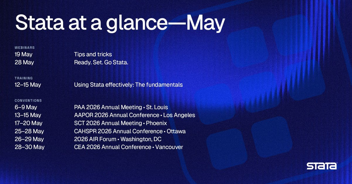 Stata_es's tweet photo. Un breve vistazo a lo que nos espera este mes…

▪️Webinars gratuitos
▪️Capacitación sobre el uso eficaz de Stata
▪️Taller de la PAA 2026 Annual Meeting
▪️Y mucho más

Mantente al día con todo lo relacionado con Stata: https://t.co/EPfA6UN8sq

#Stata #StataCommunity https://t.co/3sTafe2pu6