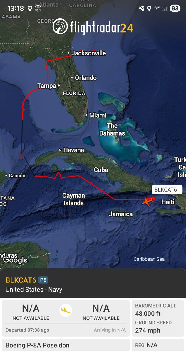 Borrowed7Time's tweet photo. US Navy MQ-4C Triton (NOT a P-8A) #AE682F BLKCAT6 operating along Cuba's S coast near Guantanamo. 
@sipjack1776 @FlconEYES @LadyAstroJet https://t.co/ycoaiPveTZ