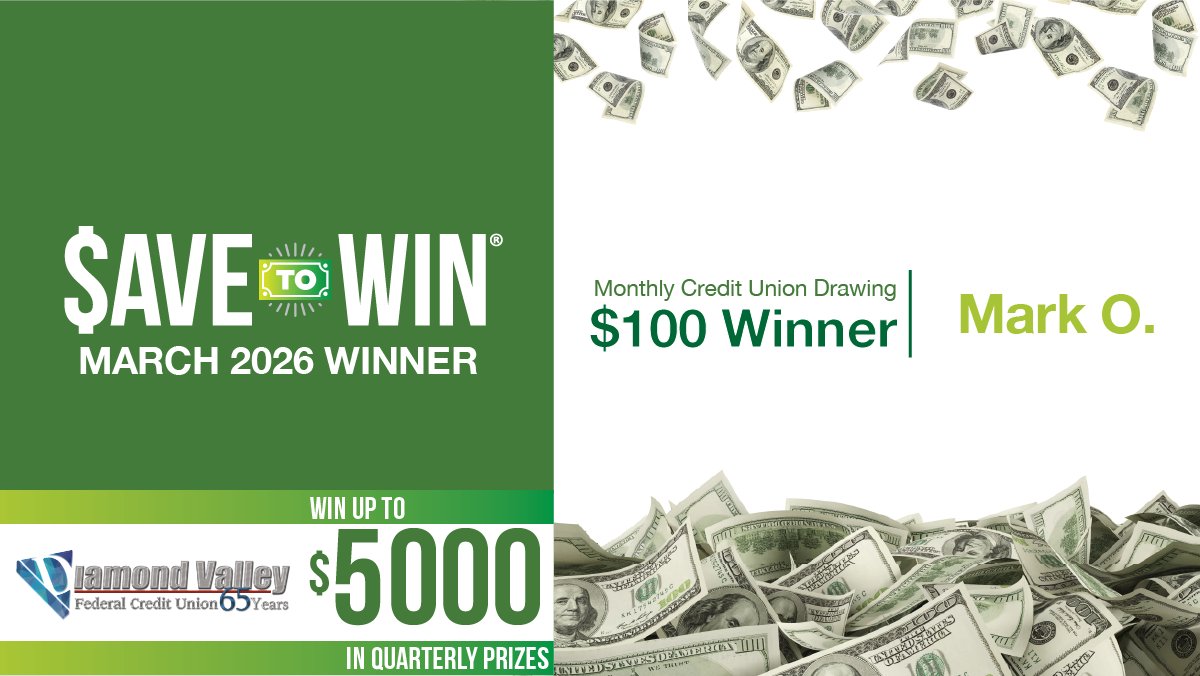 DiamondValleyCU's tweet photo. 🎉 We have a March Save to Win winner! 

One member boosted their savings and won a cash prize.

Learn more about Save to Win: https://t.co/LHX7npkyWw https://t.co/pZ8wOmDWA6