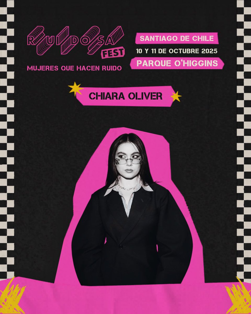 chiaraolivercl's tweet photo. CHIARA OLIVER EN RUIDOSA FEST SANTIAGO 2026! 

sabemos que Chiara estará en Argentina el 3 de Octubre, vemos la posibilidad de que pueda presentarse en nuestro país ese mismo mes, nos haría ilusión verla presentarse en un festival de solo artistas mujeres 🌟

#CHIARAENRUIDOSA https://t.co/XqiUy8DA1J