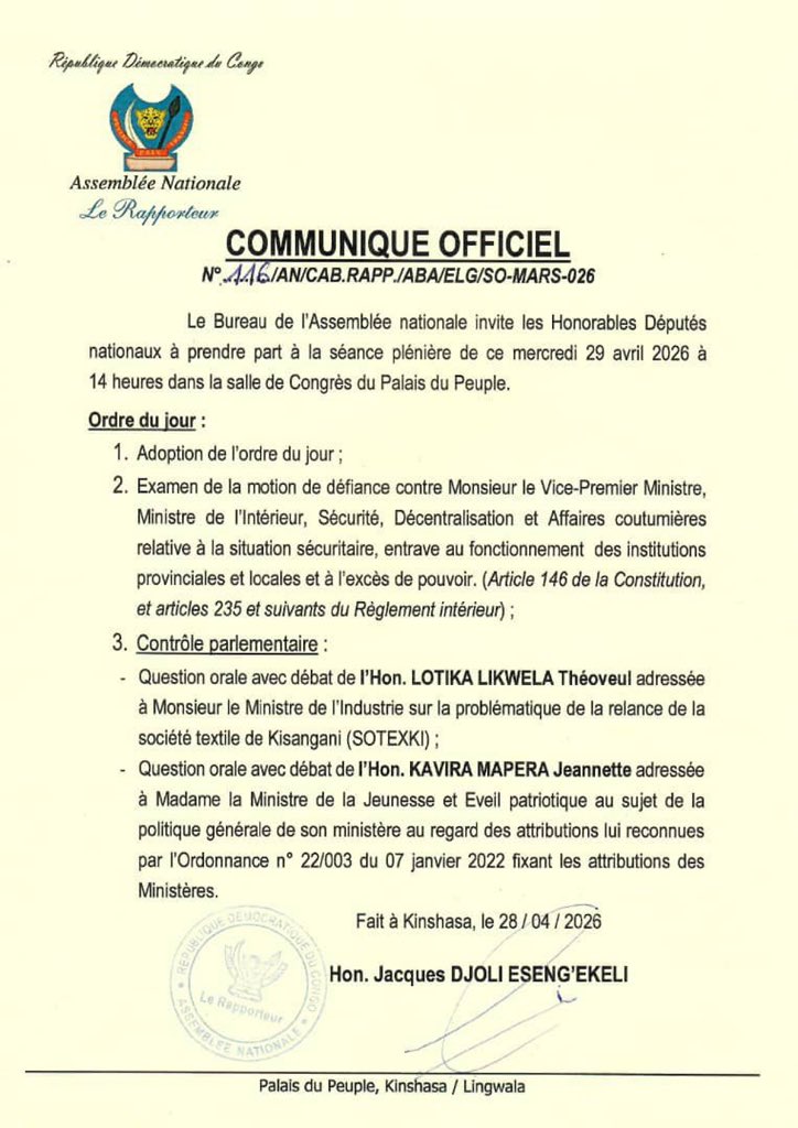 #RDC: La Motion de défiance contre le VPM de l’intérieur  <a href="/shabani_lukoo/">SHABANI Lukoo J.</a> à l’ordre du jour de la plénière de ce mercredi 29 avril .