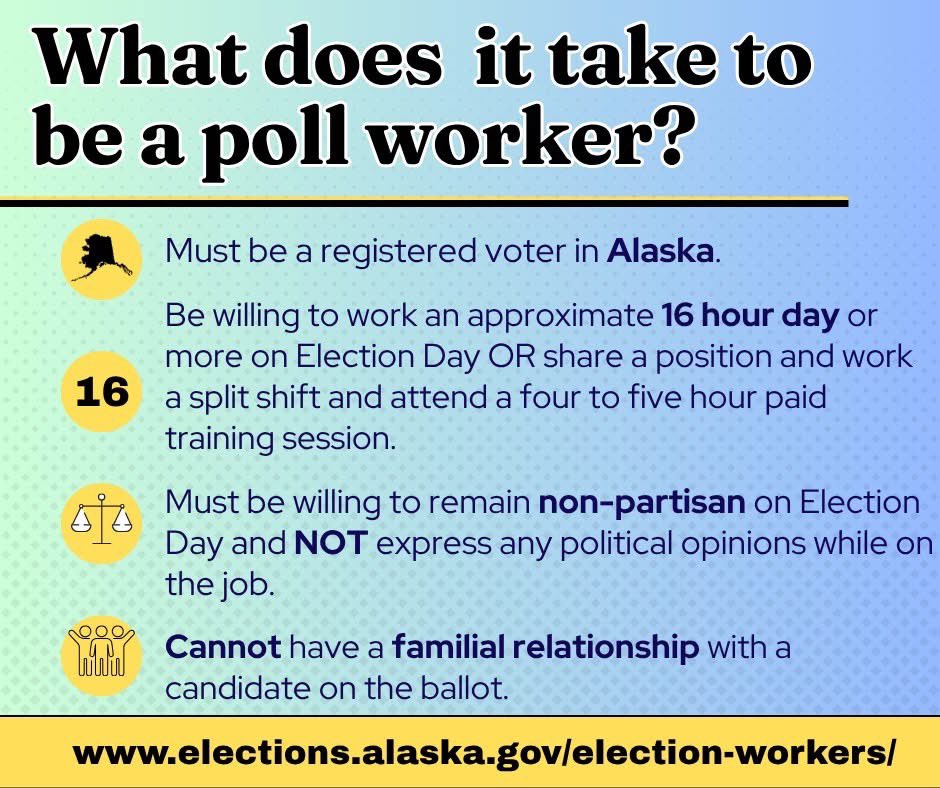 ak_elections's tweet image. #FYI Becoming a poll worker is a great way to make a difference on Election Day and help elections run smoothly. #Alaska #election2026