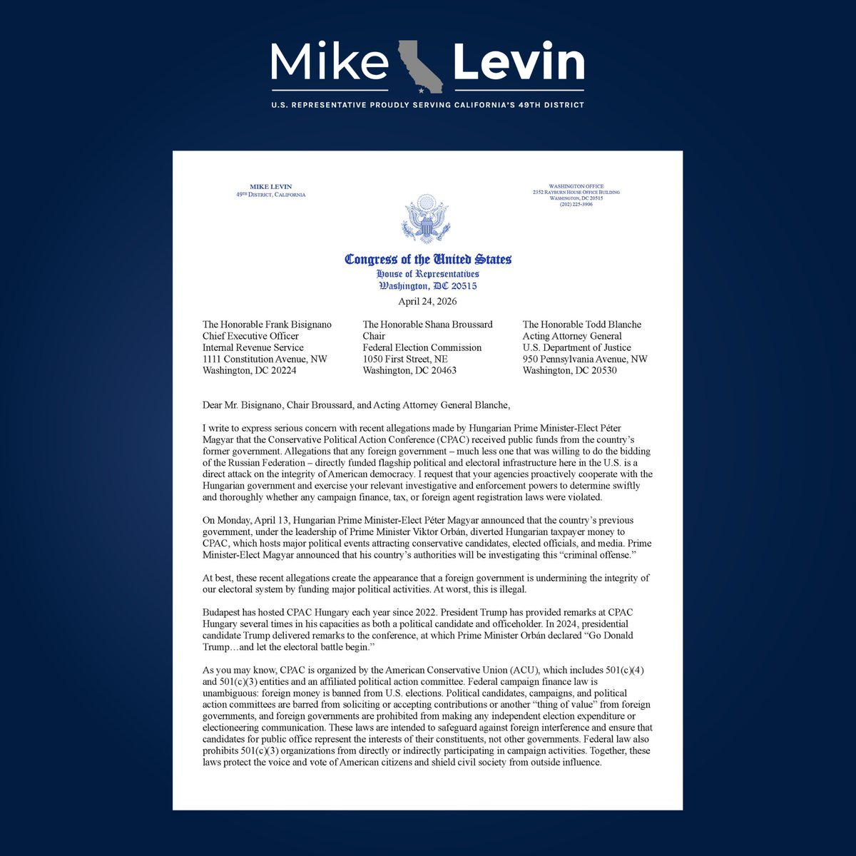 Rep. Mike Levin tweet media