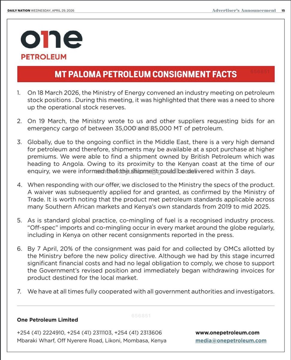 AmbokoJH's tweet photo. One Petroleum Ltd says that:

· The Ministry of Energy wrote to the company on March 19th requesting bids for an emergency cargo of between 35,000MT & 85,000MT 

· The company responded to the Ministry & disclosed the specifications of the product. The company then applied for & secured a waiver 

· By April 7th, 20.0% of the consignment had been paid for & collected by OMCs