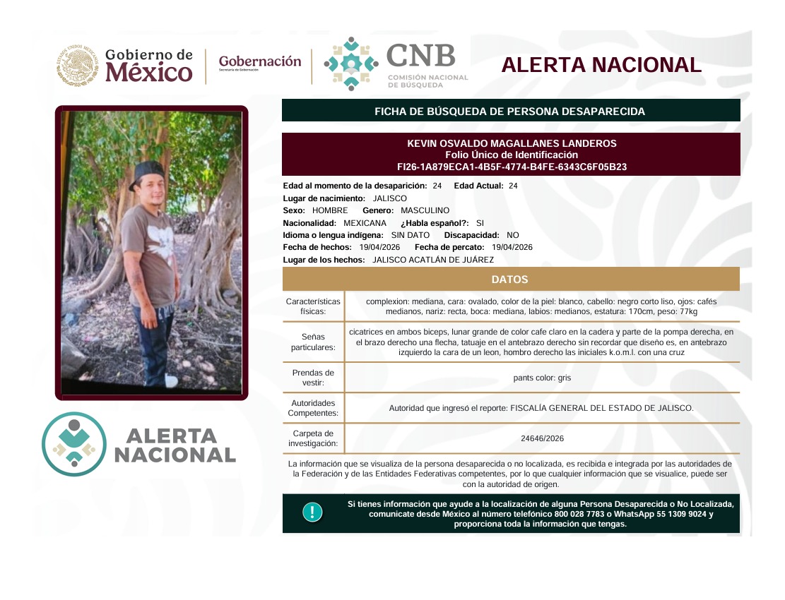 🚨 Solicitamos su apoyo para localización de persona 🚨

⚖️ Alerta Amber Jalisco y <a href="/FiscaliaJal/">Fiscalía del Estado de Jalisco</a>   en coordinación con la <a href="/Busqueda_MX/">Comisión Nal. de Búsqueda Mx</a>  solicitan su apoyo para la difusión de la cédula informativa con el objetivo de localizar a

KEVIN OSVALDO MAGALLANES LANDEROS 
(1-2)