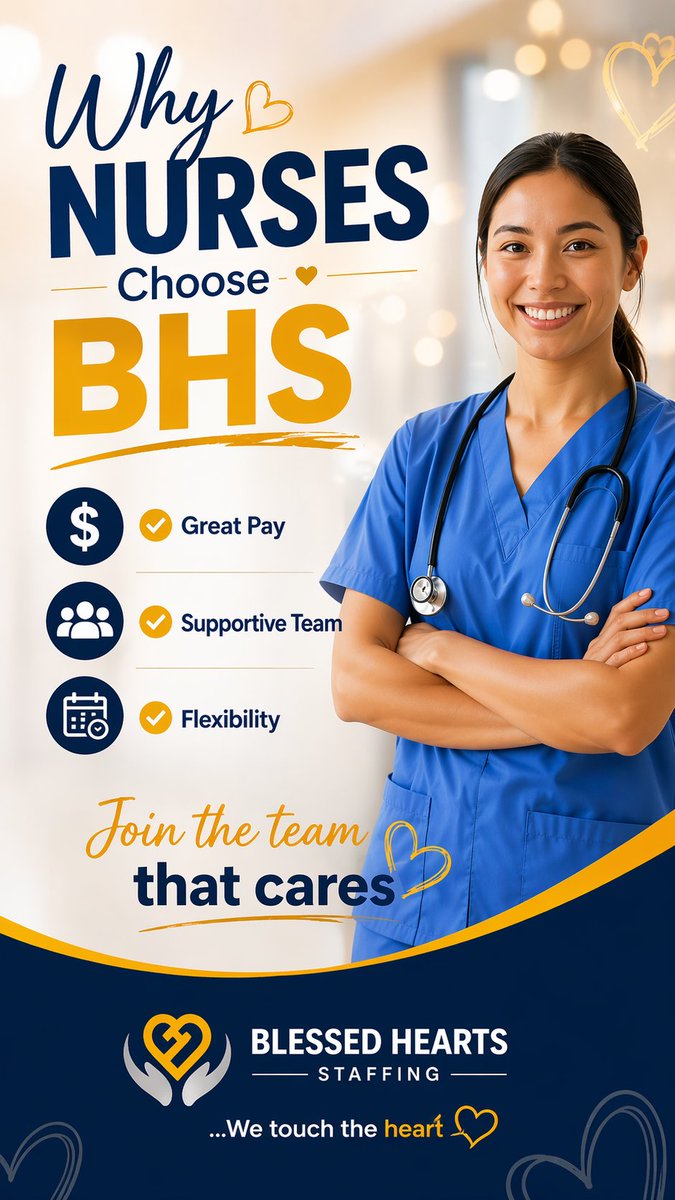 BHSBHS16's tweet photo. Why nurses choose BHS:
💰 Great pay
🤝 Supportive team
🕒 Flexibility
Join the team that cares.
📩 Apply:
https://t.co/Z10qRdKxzB
#NurseLife #NowHiring #HealthcareJobs #BlessedHeartsStaffing https://t.co/RlCNK3avD0