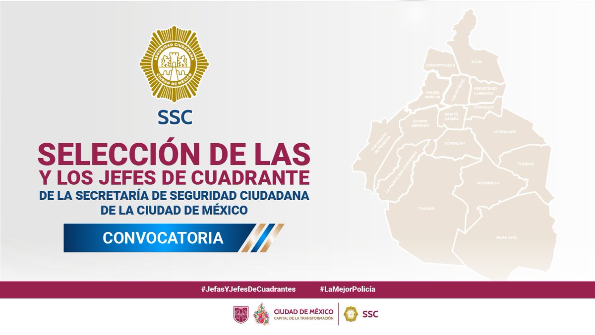 SSC_CDMX's tweet image. #CiudadSegura | La #SSC convoca a las y los policías interesados en participar, en el proceso de selección de Jefas y Jefes del Programa de Cuadrantes.
Convocatoria 👉🏻 bit.ly/ConvJC2021
Inscripciones 👉🏻 jefesdecuadrante.ssc.cdmx.gob.mx