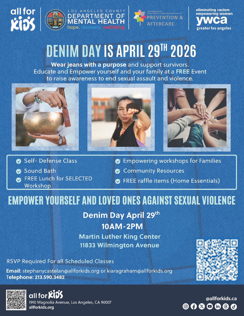 CSSDLA's tweet photo. Tomorrow is Denim Day, a day to bring awareness to end sexual violence.

Stop by the MLK Center on April 29th from 10 AM to 2 PM to meet with @CSSDLA. A #childsupport specialist will be on-site to answer any case questions. There will be classes, activities &amp; more! 💙💙#DenimDay https://t.co/b4AthijcpG