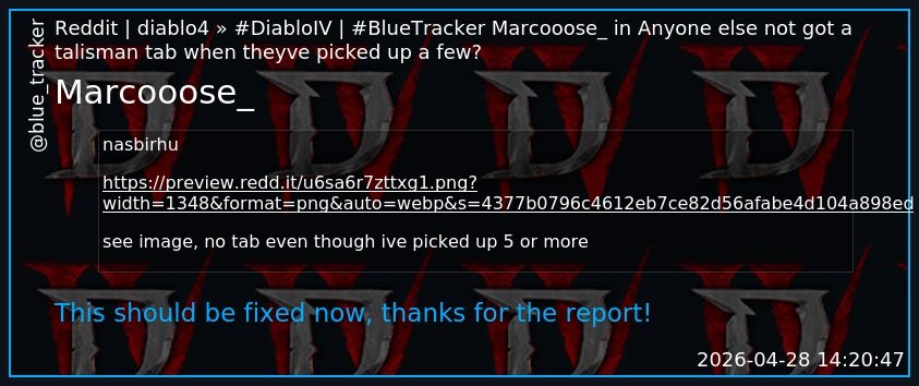 blue_tracker's tweet photo. #diablo4 #BlueTracker
Marcooose_ in Anyone else not got a talisman tab when theyve picked up a few?
https://t.co/Wry0kSDZ2z https://t.co/oU8LQvTc7k