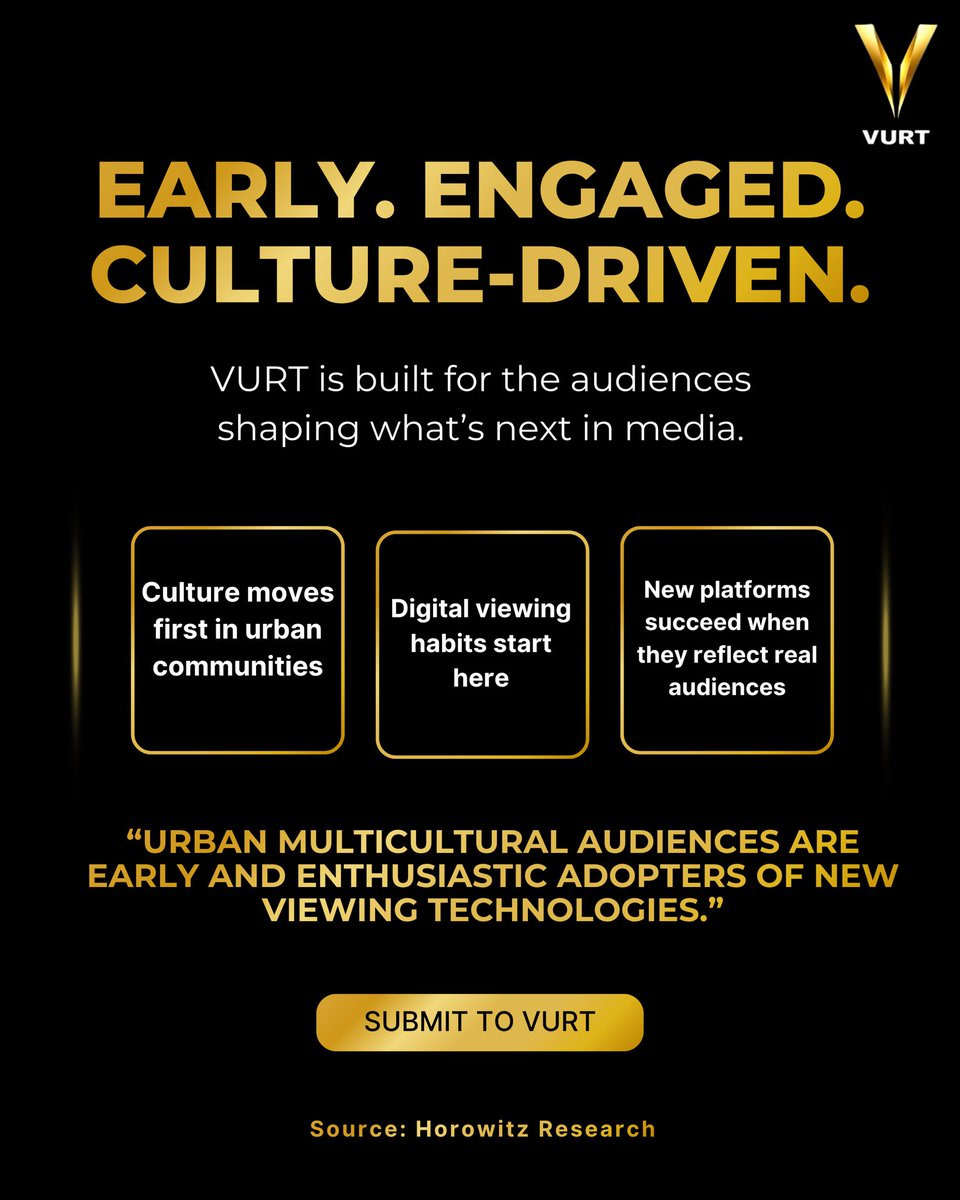 myvurt's tweet photo. Urban multicultural audiences are leading the way in adopting new viewing technologies.

At VURT, we’re building for the audiences who shape culture and define what’s next in media.
Submit To VURT.

#VURT https://t.co/dnid2TcPgq