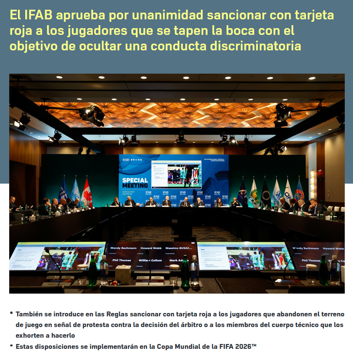 VHRefereeBol's tweet photo. La IFAB aprobó la circular 33, que sanciona las acciones de taparse la boca al confrontar a un adversario e incitar a abandonar el terreno de juego como protesta.
Estas medidas se aplicarán desde el Mundial de Norteamérica 2026 https://t.co/ZOkF6UjVJw