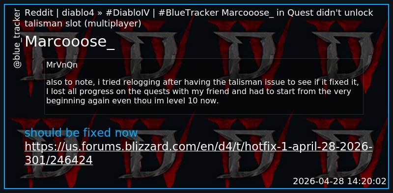 blue_tracker's tweet photo. #diablo4 #BlueTracker
Marcooose_ in Quest didn't unlock talisman slot (multiplayer)
https://t.co/pf7M4tLv0U https://t.co/jeZkF5npNF