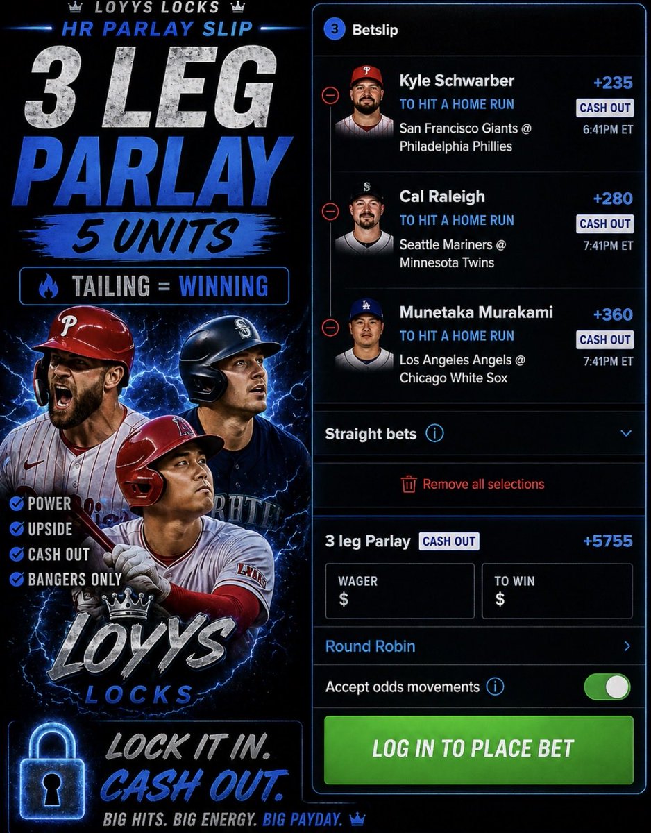 LoyysLocks's tweet photo. THE ONLY MLB 3 LEG HOMERUN PARLAY YOU NEED TONIGHT…💎

❤️ + RT for more free plays! https://t.co/Mqok8qu00R