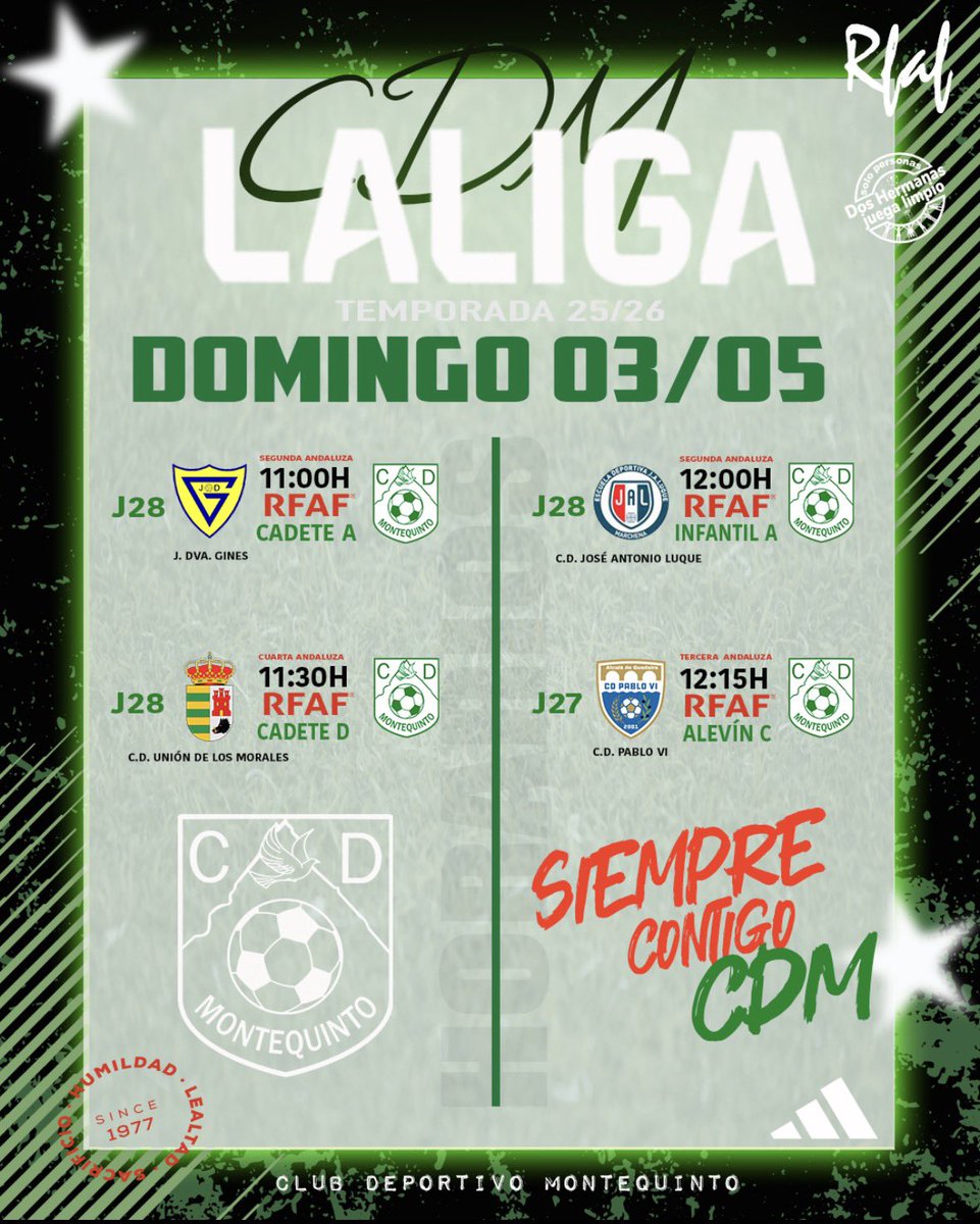 MontequintoCD's tweet image. HORARIOS/𝐕𝐄𝐑𝐃𝐄𝐒!!!📆⚽🔜🏘️✈️25/26
Horarios de todos nuestros equipos que tienen competición federada esta semana.
Semana del 27/04 al 03/05.
¡¡¡Vamos mis verdes!!!⚔️⚡️💯

#adidas #ilusioninfinita #siemprecontigo #laliga #rfaf