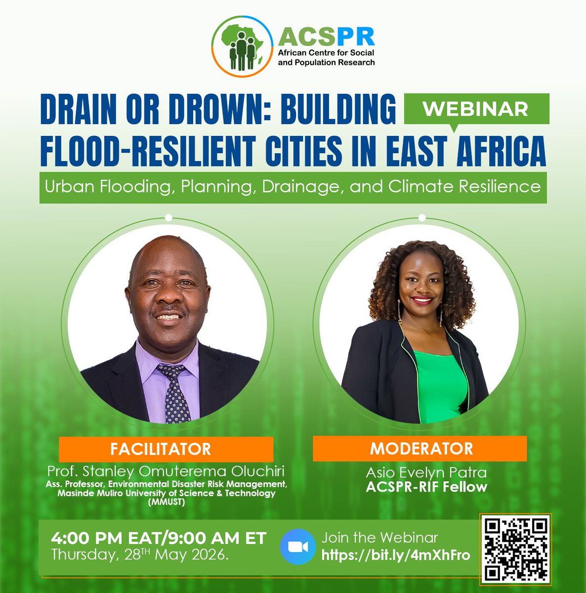 acspr2025's tweet photo. 🌧️ Join our webinar: Drain or Drown: Building Flood-Resilient Cities in East Africa

💧 Urban Flooding | 🗺️ Planning | 🚰 Drainage | 🌍 Climate Resilience

📅 28 May 2026
⏰ 4:00 PM EAT / 9:00 AM ET

🔗 https://t.co/C297AZ5ddt

#ACSPR #UrbanFlooding #ClimateResilience https://t.co/ZAxdwGFf64