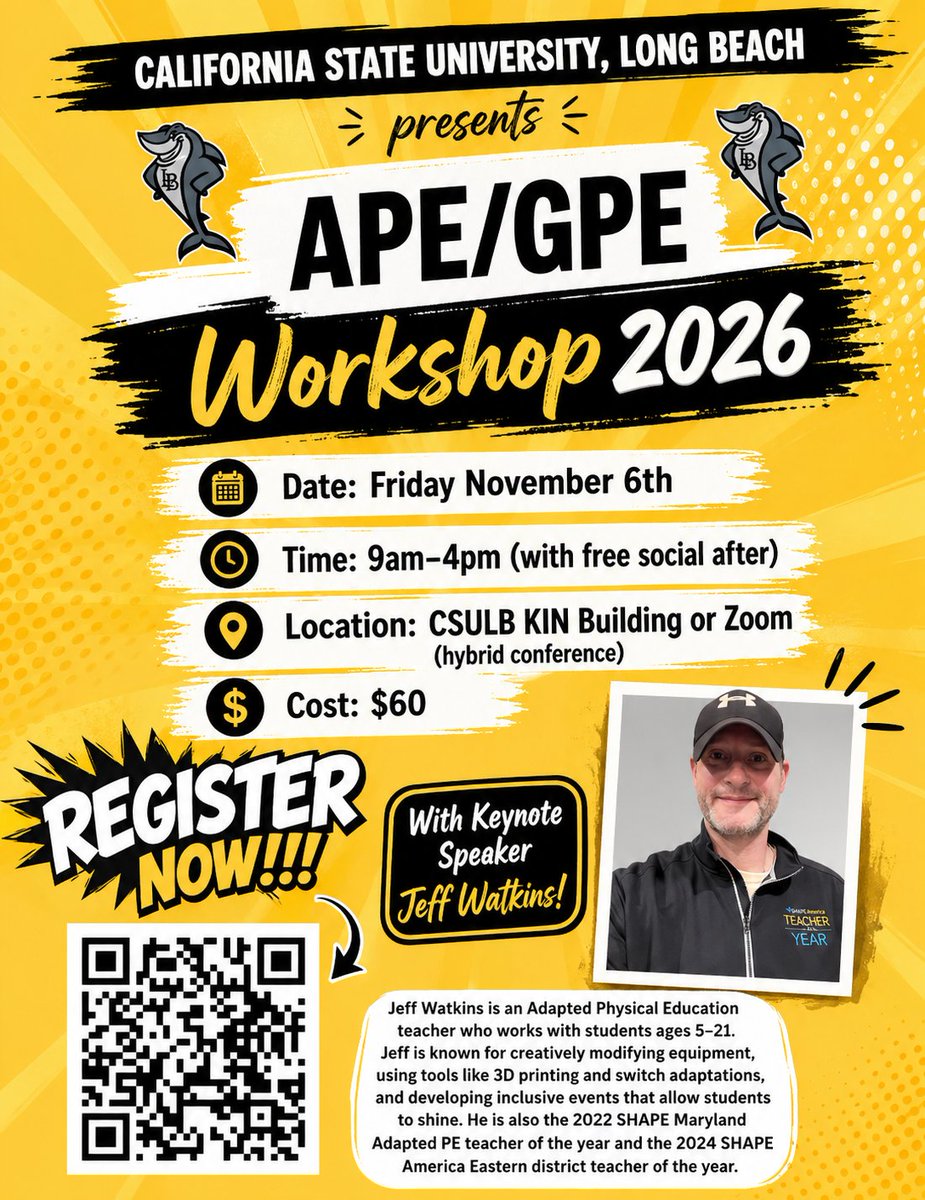 CSULB_APE's tweet photo. Join us for the CSULB APE/GPE Workshop!!
Date: November 6, 2026
Time: 9am to 4pm
Modality: CSULB KIN Building or Zoom (hyflex! NEW for 2026!)
Cost: $60

Registration: https://t.co/wxKgX17sQG https://t.co/NK4pHFE1Cc