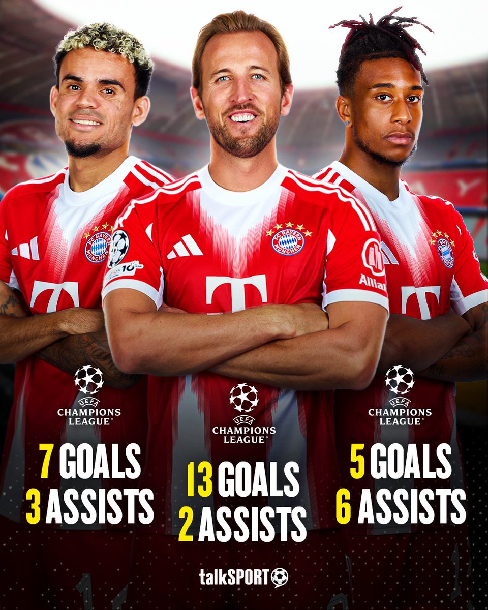 talkSPORT's tweet photo. Three Bayern Munich players have all hit 10+ goal contributions in a single Champions League season for the first time EVER! ⚽🔥

Are Kane, Olise and Diaz better than Lewandowski, Robben and Ribery? 👀 https://t.co/ojzw3yvylI